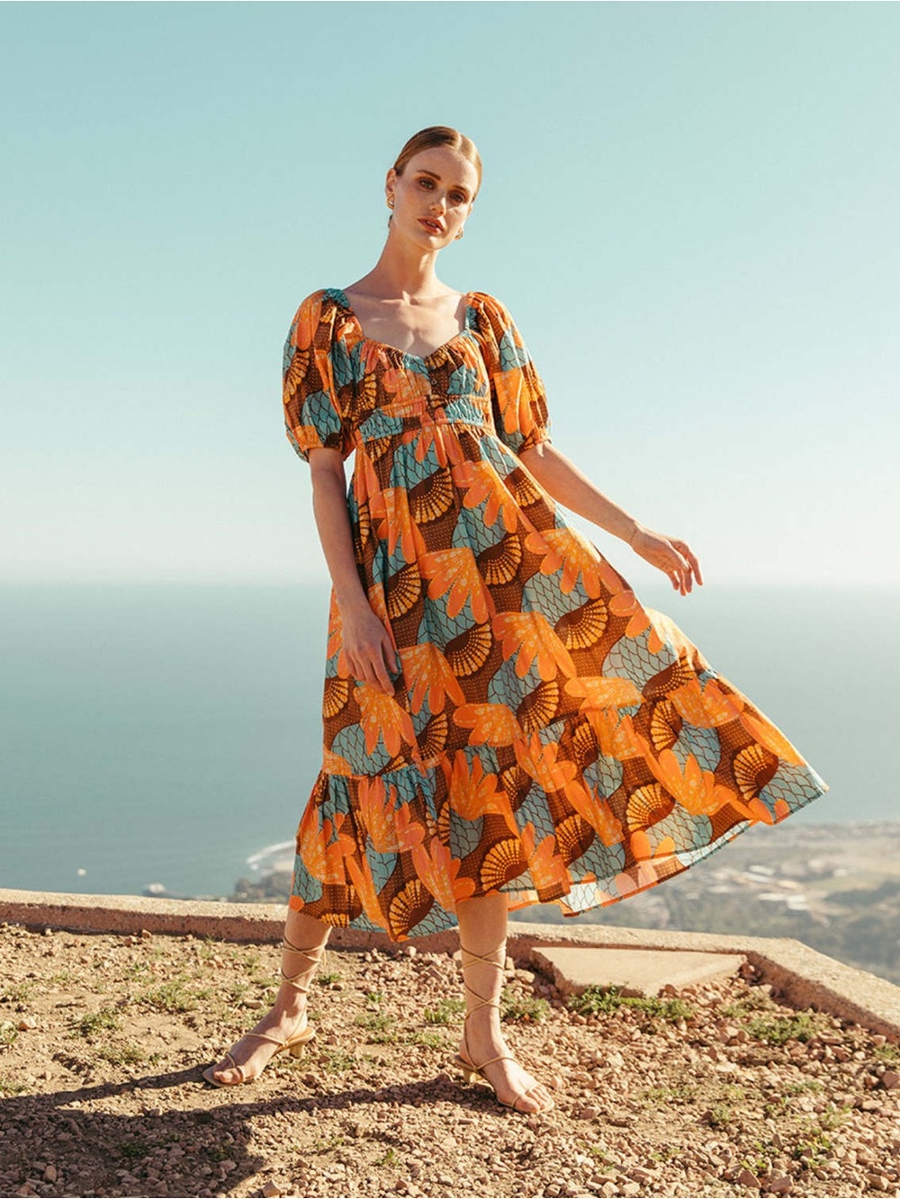 Cleobella Orange Floral Puff-Sleeve Midi Dress with Teal Accents
